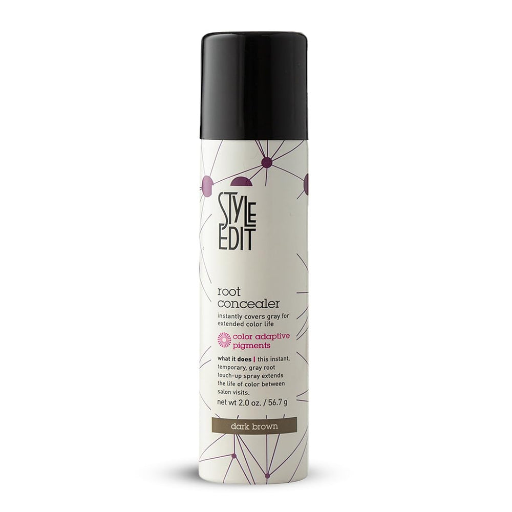 Style Edit Root Concealer Spray bottle top view for quick, salon-quality root coverage between visits.