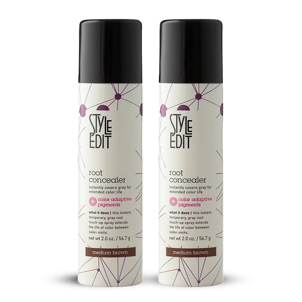 Style Edit root concealer spray bottle for instant gray root coverage between salon visits.