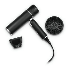 StyleCraft Ace foldable hair-dryer front view with matte black finish and silver accents for a premium look