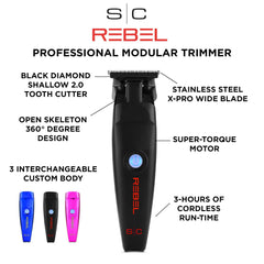 Stylecraft Rebel cordless hair trimmer battery view highlights 3-hour runtime for extended grooming.
