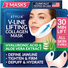 Stylia V Line lifting collagen mask packaging highlights premium ingredients for skin nourishment