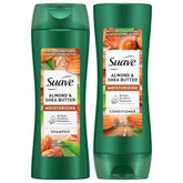 Suave Almond & Shea Butter shampoo bottle, showcasing a moisturizing formula for dry hair.