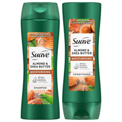 Suave Almond & Shea Butter shampoo bottle, showcasing a moisturizing formula for dry hair.