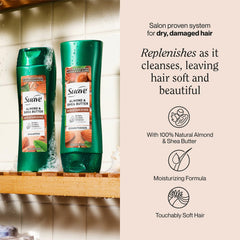 Suave almond-shea conditioner bottle highlights lasting hydration for dry hair