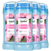 Suave powder deodorant 4-pack packaging highlights convenient value for daily freshness.