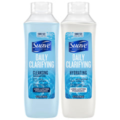 Suave clarifying shampoo bottle close-up; residue removal for cleaner hair.