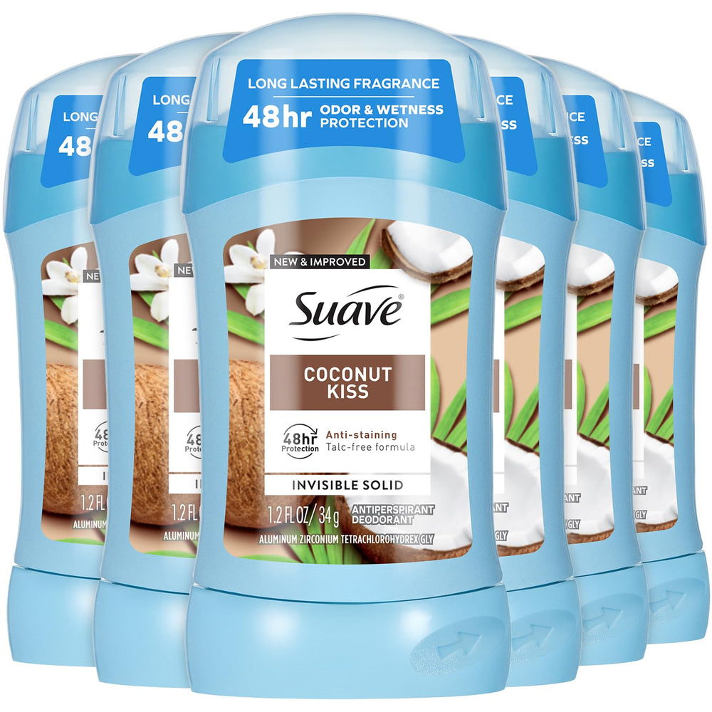 Suave Coconut Kiss pack shot shows six-pack value for daily use.