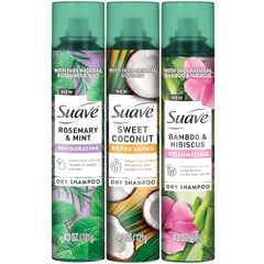 Suave dry shampoo rosemary-mint bottle refreshes roots between washes