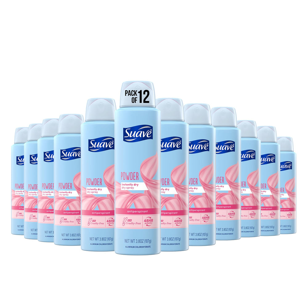 Suave dry spray deodorant application demonstrates quick-dry underarms with long-lasting protection.