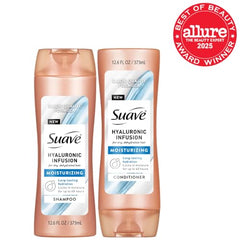 Suave Hyaluronic Infusion conditioner bottle promotes detangling and soft, manageable hair