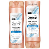 Suave Hyaluronic Infusion shampoo bottle demonstrates light hydration for smoother hair after wash