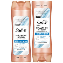 Suave Hyaluronic Infusion shampoo bottle demonstrates light hydration for smoother hair after wash