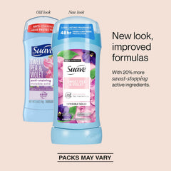 Suave invisible solid application close-up demonstrates stain-free wear on clothing.