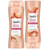 Suave Keratin Infusion shampoo bottle shows color-safe cleansing for frizz-prone hair.