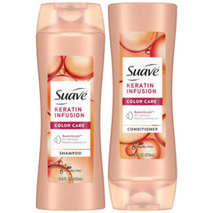 Suave Keratin Infusion shampoo bottle shows color-safe cleansing for frizz-prone hair.