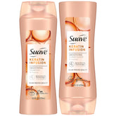 Suave Keratin Shampoo bottle smooths hair with keratin infusion