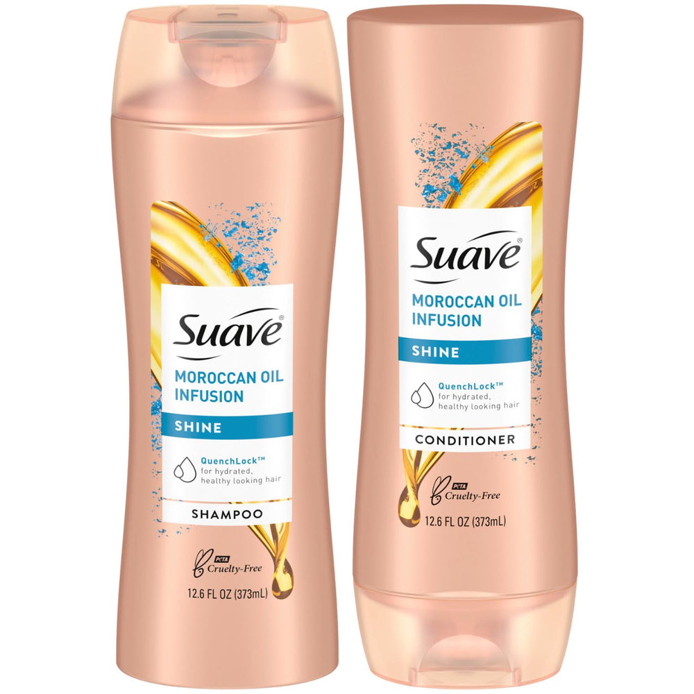 Suave Moroccan Oil Infusion shampoo bottle shows argan oil for smooth, shiny hair.