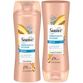 Suave Moroccan Oil Infusion shampoo bottle shows argan oil for smooth, shiny hair.