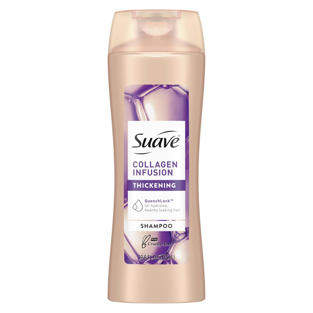 Suave Professionals Collagen Infusion shampoo bottle closeup showing volumizing formula for fine hair and root lift