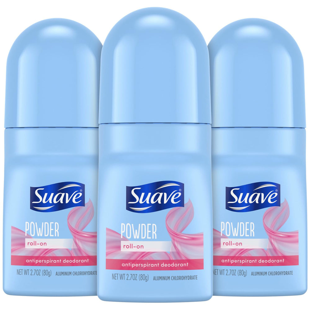 Suave Roll-On Women Powder Fresh Pack image showing 3 x 2.7 oz bottles for all-day protection.