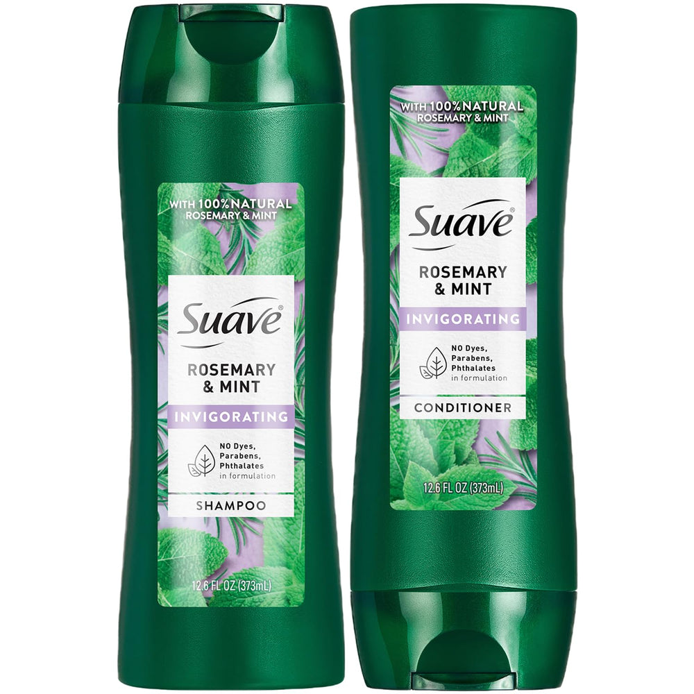 Suave Rosemary Mint shampoo bottle provides invigorating cleanse for refreshed hair.