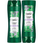 Suave Rosemary Mint shampoo bottle provides invigorating cleanse for refreshed hair.