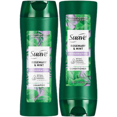 Suave Rosemary Mint shampoo bottle provides invigorating cleanse for refreshed hair.