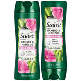 Suave Bamboo & Hibiscus shampoo bottle demonstrates volumizing potential for fine hair.