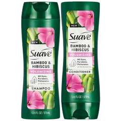 Suave Bamboo & Hibiscus shampoo bottle demonstrates volumizing potential for fine hair.
