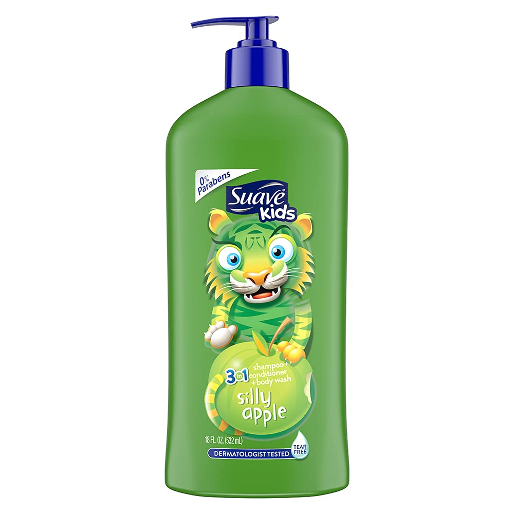 Suave Silly Apple 3-in-1 bottle on sink offers gentle cleansing for kids