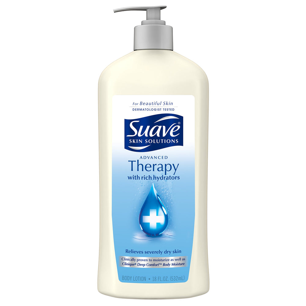 Suave Skin Solutions Advanced Therapy bottle front showing 24-hour moisturization promise
