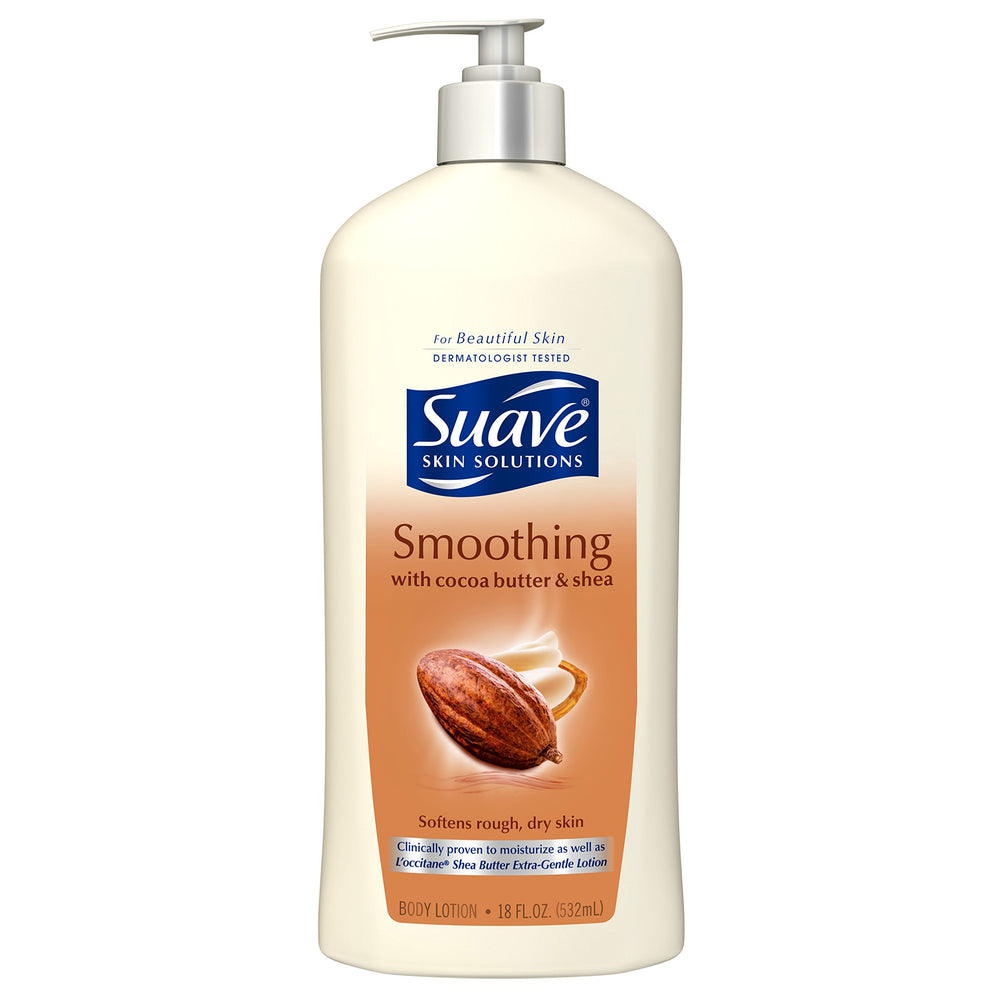 Unilever Suave Skin Solutions Cocoa Butter & Shea bottle provides lasting moisturization for dry skin.