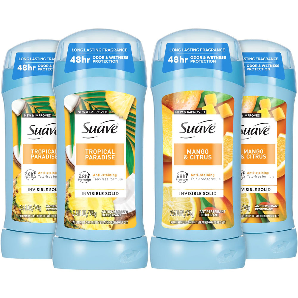 Suave Tropical Paradise antiperspirant bottle for everyday freshness.