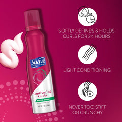 Suave Whipped Mousse anti-frizz finish delivers smoother, frizz-controlled hair.