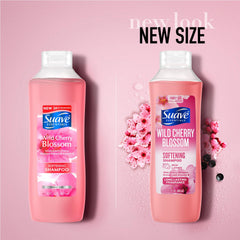 Close up of Suave Wild Cherry Blossom shampoo pour shot highlighting easy application