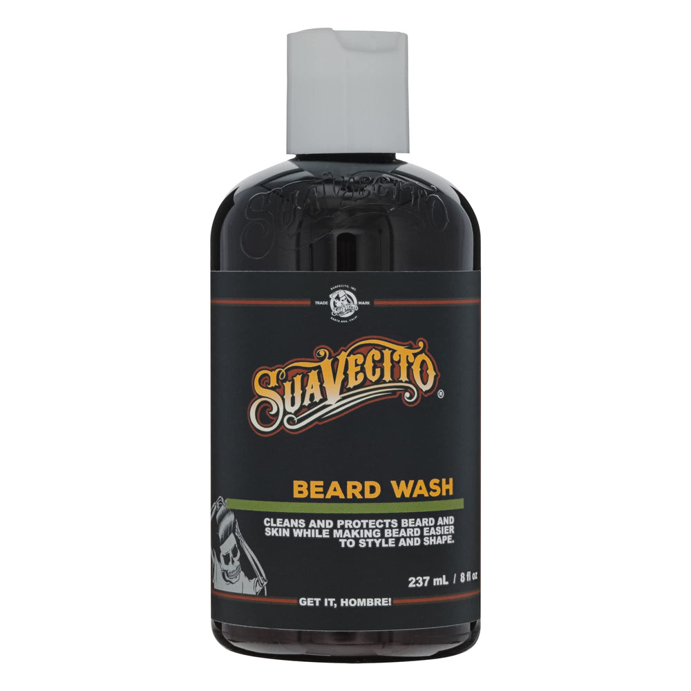 Suavecito Beard Wash bottle close-up with rich lather for deep cleansing.