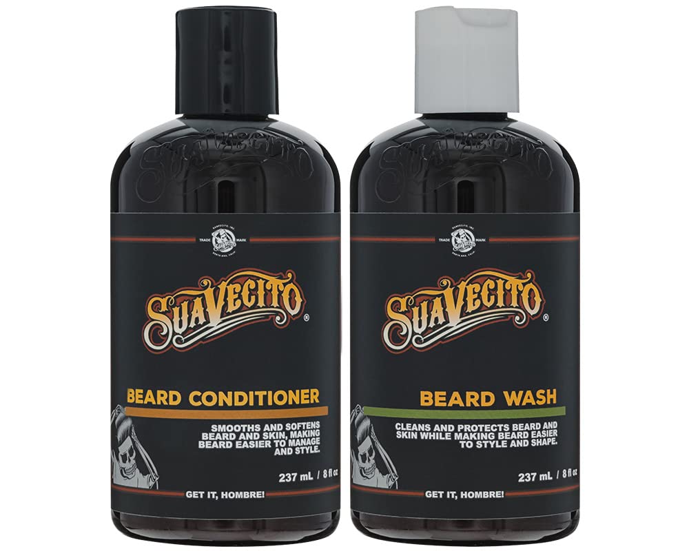 Suavecito Beard Wash bottle close-up shows a rich lather for clean, manageable facial hair.