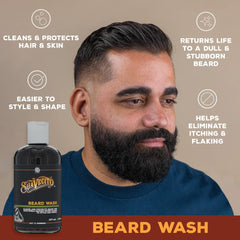 Suavecito Beard Wash dirt and oil removal demonstrated during wash.