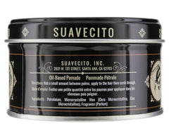 Suavecito Oil Based Pomade tin front view highlights medium-high shine for versatile styles.