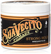 Suavecito Pomade Firme bottle closeup shows strong hold for sleek styles.