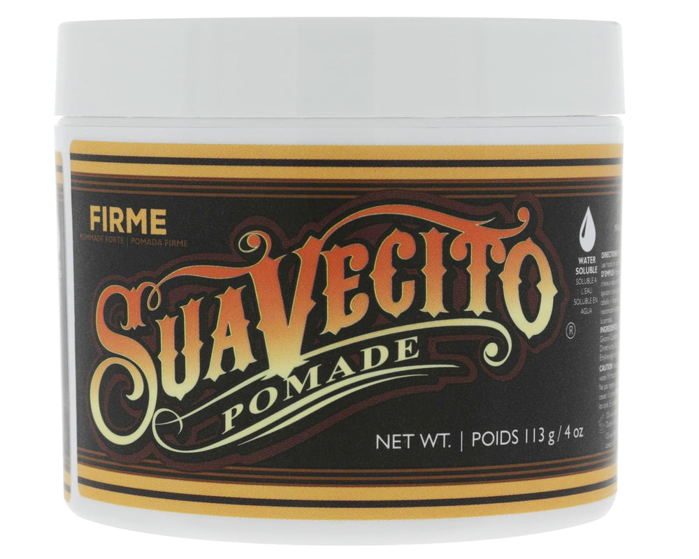 Suavecito Pomade Firme bottle shows strong hold for all-day control.