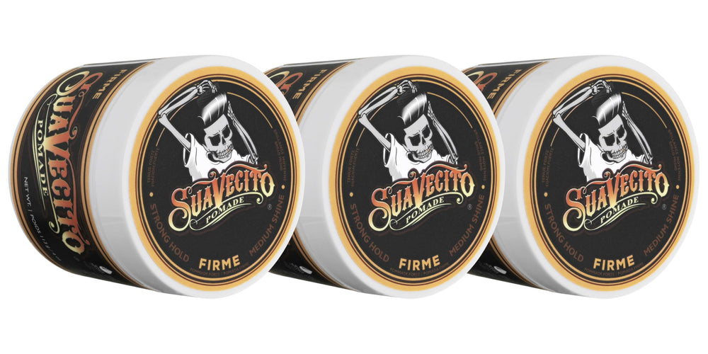 Suavecito Pomade Firme jar and packaging showing strong hold design.
