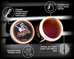 Suavecito Pomade Firme label shot emphasizes water-based formula for easy washing.