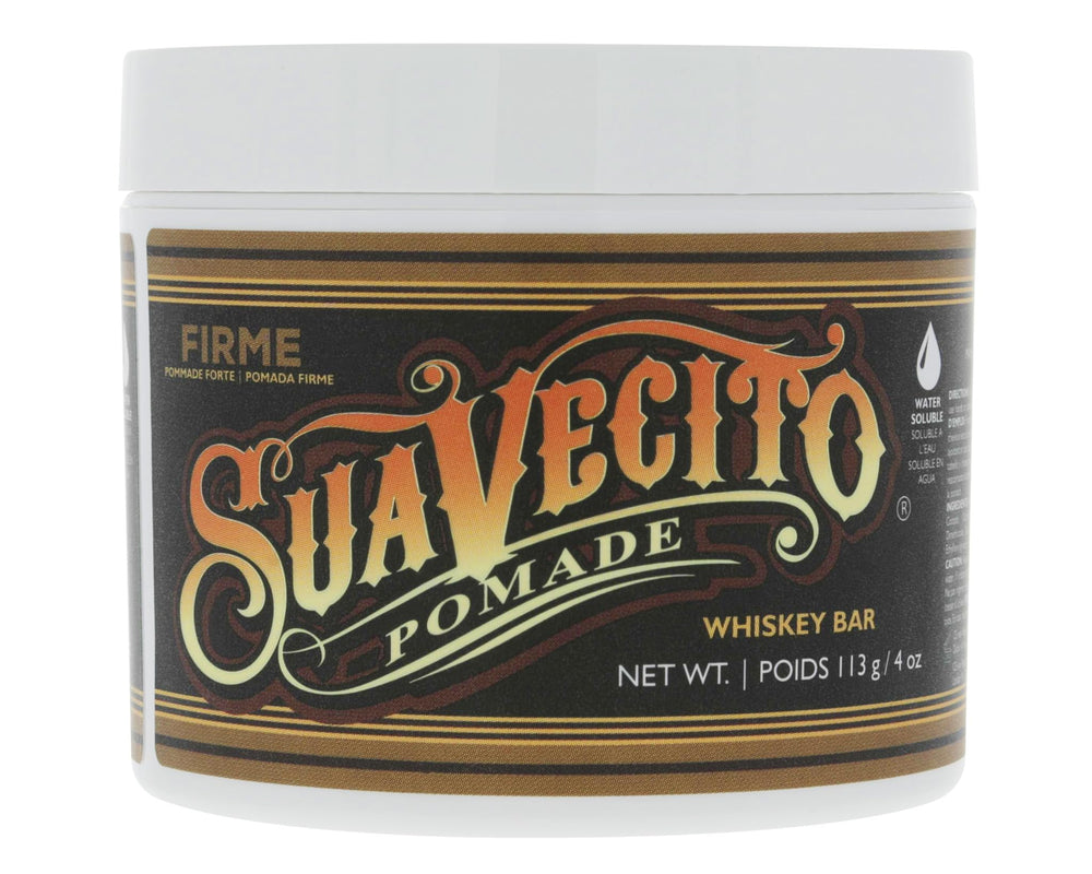 Suavecito Pomade Firme strong-hold bottle demonstrates all-day hold for classic slick styles.