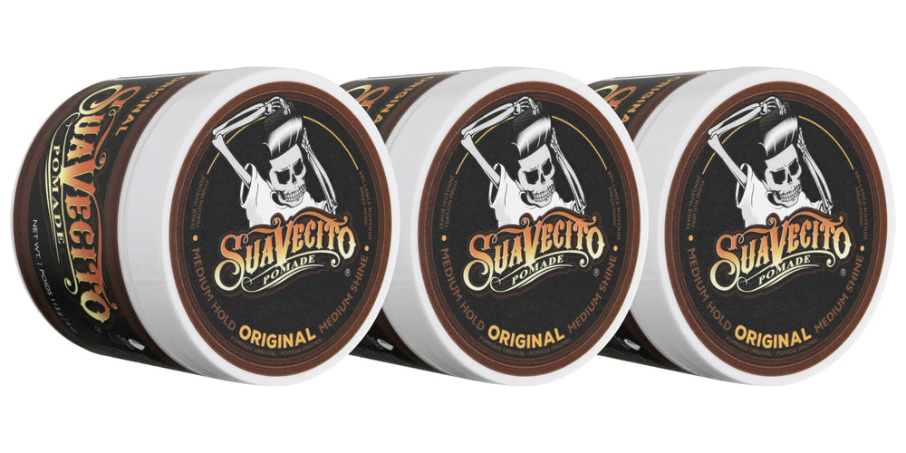 Suavecito Pomade Original Hold jar front demonstrating flexible hold for all-day style