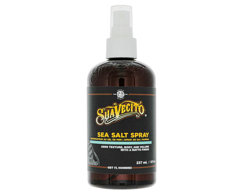 Suavecito Sea Salt Spray bottle close-up with natural texture and light hold.