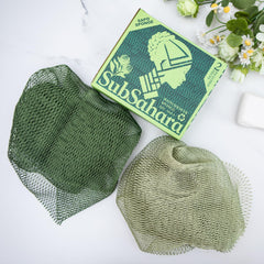 SubSahara net sponge olive-green in use creating rich lather on skin