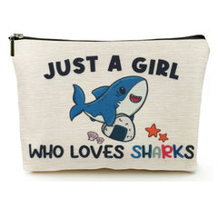 Suemetic shark gifts makeup bag front view showing the Just A Girl Who Loves Sharks design