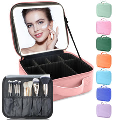 SUILU makeup bag with LED mirror pink close-up highlights portable lighting for on-the-go makeup