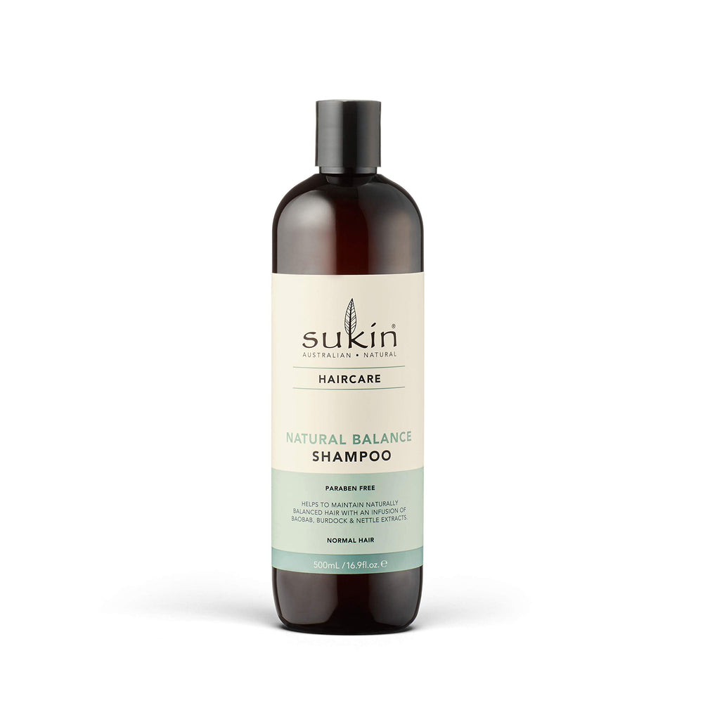 Sukin Natural Balance Shampoo bottle highlights a paraben-free vegan formula for normal hair.
